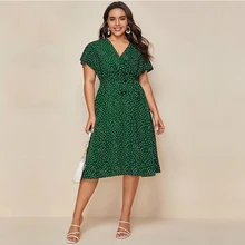 

DOIB Women Plus Size Dress Gree White Polka Dot V Neck Sashes Large Size Dress 2020 Summer Split Oversize Female Dress 4XL