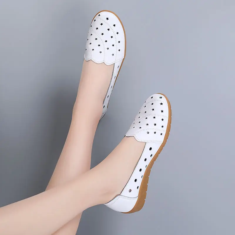 Tanio Moda białe skórzane obuwie dla kobiet letnie mieszkania wycięcia