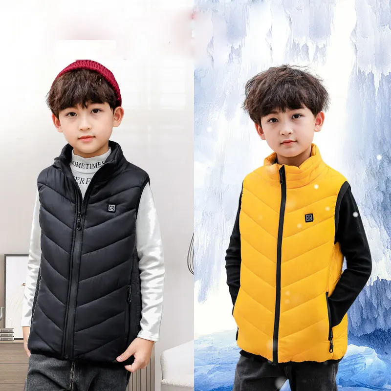 Two pictures of a boy wearing a Children Heated Vest for snug winter warmth.