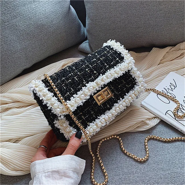 BlackPlaid Style 1 TOYOOSKY зимняя модная Новая женская квадратная сумка высокого качества шерстяная жемчужная женская дизайнерская сумка женская сумка через плечо - Цвет: BlackPlaid Style 1