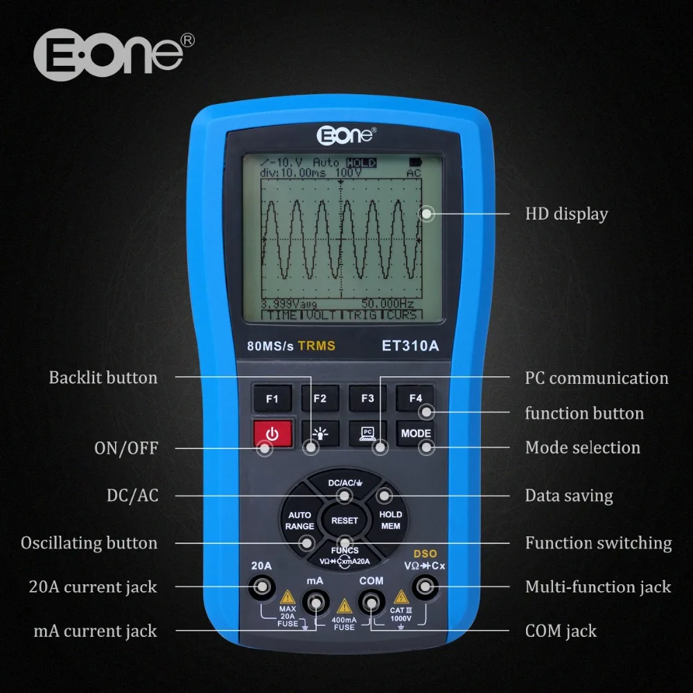 Осциллограф Eone ET310A 3 в 1 осциллографы мультиметры 80 мс/с DSO DMM 100 хранение записей ЖК-подсветка