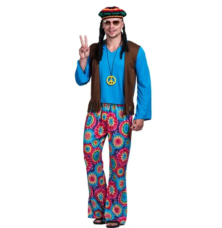 Для мужчин 70s ретро Hippie Peace и любовь Свободный жилет карнавальный костюм вечерние Винтаж для взрослых мальчиков наряды одежда костюмы для Хэллоуина