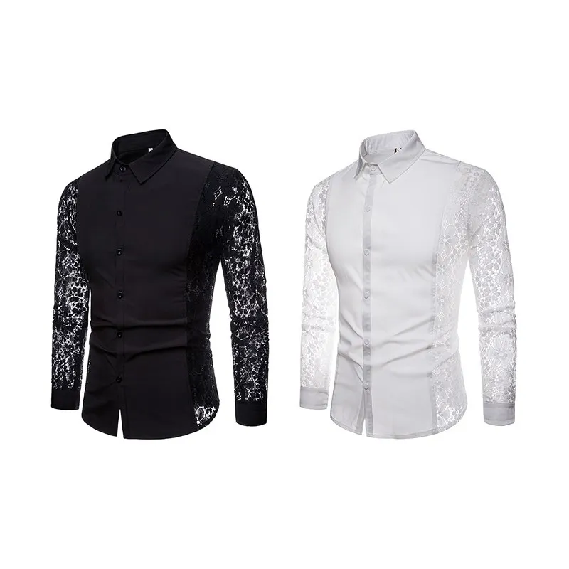 Fashion Autumn Men's Shirt Retro Long-sleeved Lace Hollow Lapels Solid Color Slim Shirt