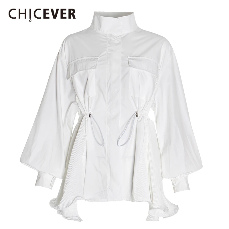 CHICEVER женские рубашки с рюшами, стоячий воротник, фонарь, длинный рукав, шнурок, высокая талия, негабаритная женская блузка, осень, Новинка