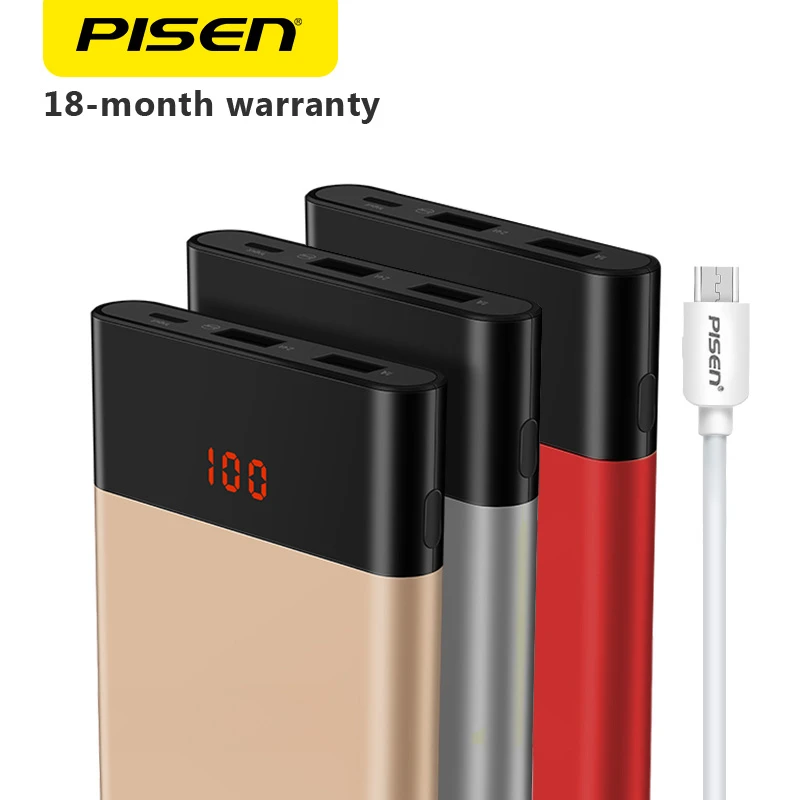 Повербанк Pisen 10000 мАч в ультратонком корпусе с двумя выходами USB и LED экраном Два