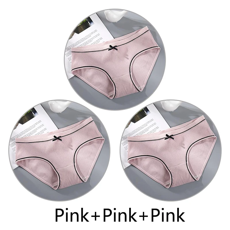 Pink Pink Pink 3 шт./партия, хлопковое нижнее белье, женские однотонные сексуальные трусы, бесшовные, средняя посадка, трусики, женское нижнее белье, мягкие интимные трусики с бантом - Цвет: Pink Pink Pink