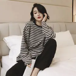 Pajamas for Teen Girls Striped Solid Color Loungewear Soft and Loose Home Clothes Bedroom Set Pyjamas Pijamas Autumn Gray