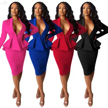 

Women Two Piece Outfits Ruffles Spliced V-neck Full Sleeve Tops & Bodycon Midi Skirts Two Piece Set Office Ladies Winter Outfits