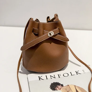 

Women Single Shoulder Large Capacity Solid Gift Bucket Bag Holiday With Buckle Purse Lichee Texture PU Leather Casual Cross Body