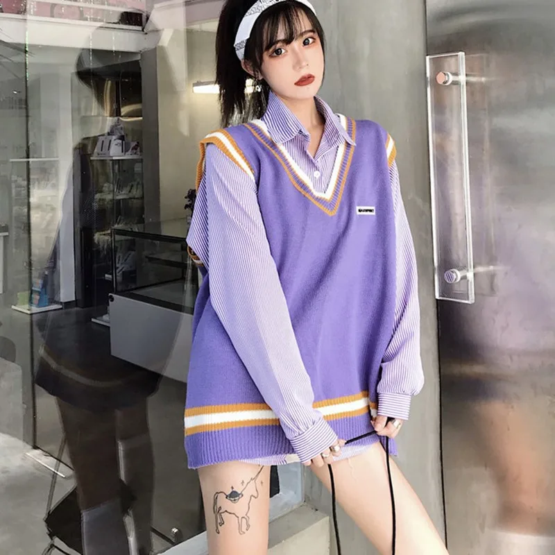 Purple sweater vest Элегантный стиль, шикарный свитер, жилет, Женский Повседневный Свободный вязаный жилет, Женский вязаный Топ без рукавов с v-образным вырезом - Цвет: Purple sweater vest