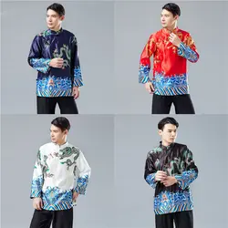 Традиционная китайская одежда для мужчин с длинными рукавами рубашка с принтом дракона для мужчин s Ретро Тан костюм Китайский модный