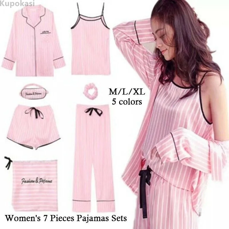 Kupokasi 7 Pieces Women's Pajamas Sets Faux Silk Striped Pyjama Girls Pijamas Sleepwear Spring Autumn Homewear пижама хлопок