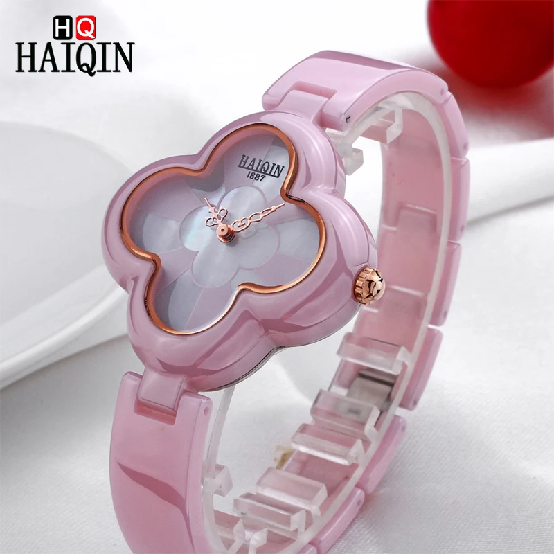 

HAIQIN Quartz Women's Watches Casual Four Leaf Clover Shape Bracelet Wristwatch Luxury Noble Lady Ceramic Watch relogio feminino