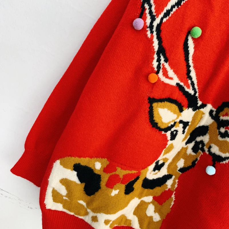 H.SA Women Christmas Sweaters Cartoon Christmas Deers Embroidery Knit Sweater Jumpers Red Warm Chic Retro Pull Femme