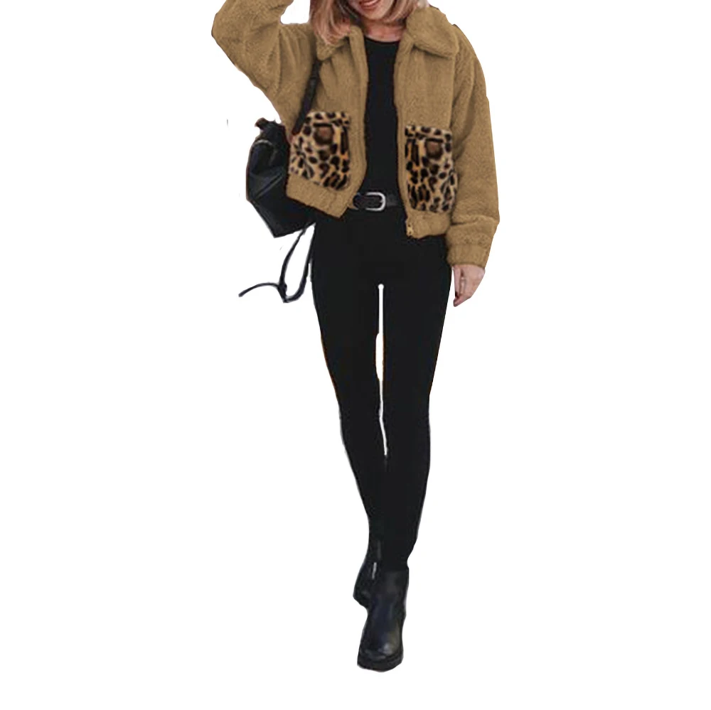 

Women's Coat 2019 Fashion Autumn and Winter New Explosions Solid Color Leopard Pocket Stitching Metal Zipper Plush Thick Top