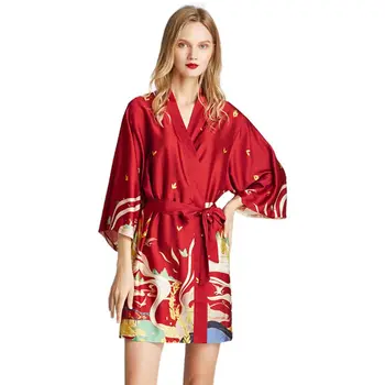 

Women Imitation Silk Kimono Robe Dunhuang Mural Nightgown Exotic Belted Bathrobe