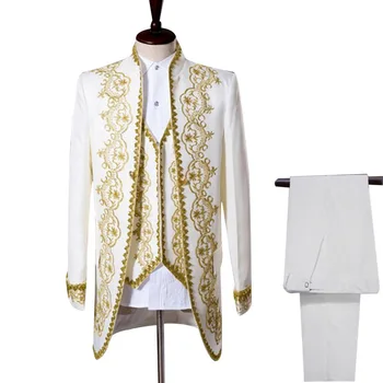 

Dihope Male 3 Piece Suit Set Embroidery Tuxedo Tailcoat Jacket Blazer Set Singer Team Costumes Magician Host Slim Stage Wear