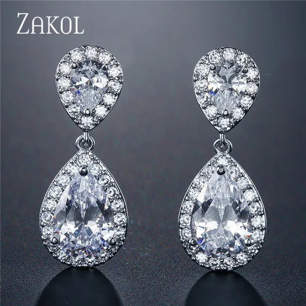 White ZAKOL никель свободный моды классические в форме капли Кристалл циркония свадебные серьги для невесты украшения для Для женщин FSEP091 - Окраска металла: White