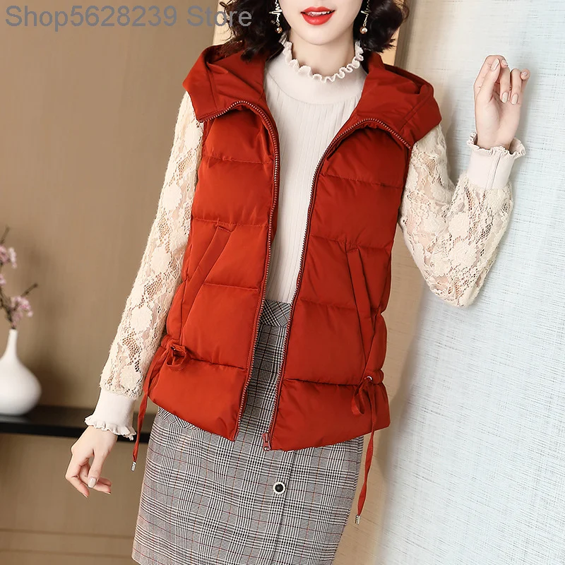 

Down Vest Female Short European Goods Temperament Winter Light And Thin Outside Wear Belt Cap White Duck Down Leisure Coat