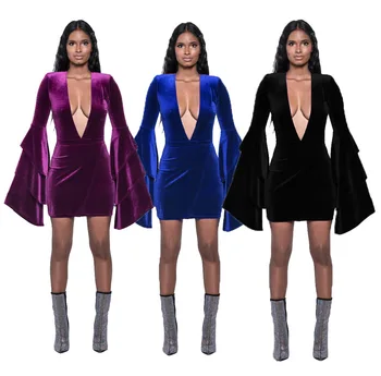 

BGW Deep V Neck Mini 2020 Cocktail Dresses Long Sleeves Velvet Zipper Back Vestidos De Coktail Para Dama Three Colors