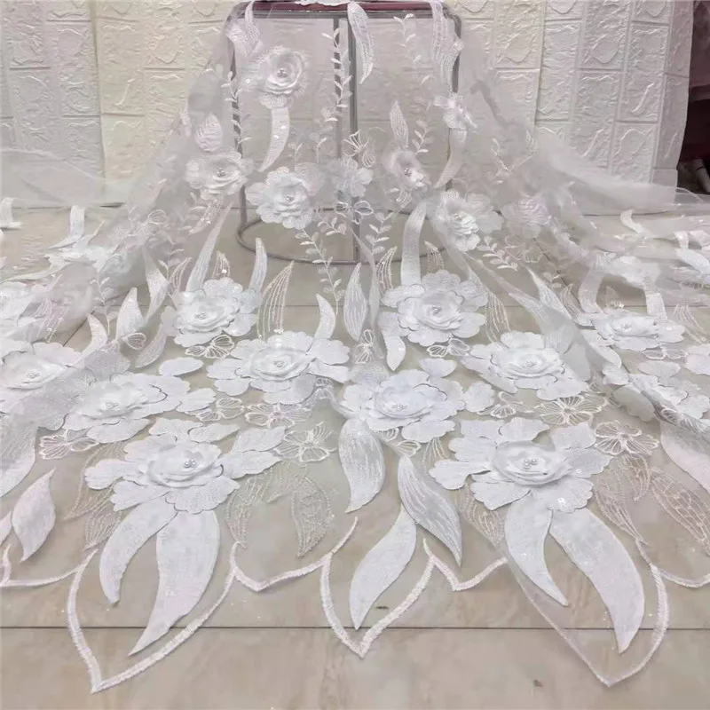 

2019 beaded sequins lace African white lace fabric high quality beautiful nigerian wedding lace new design french dress