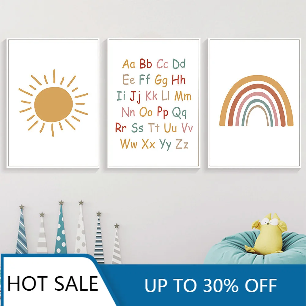 Abc Alphabet Wall Art Canvas Painting Posters Sun Rainbow Nursery Print