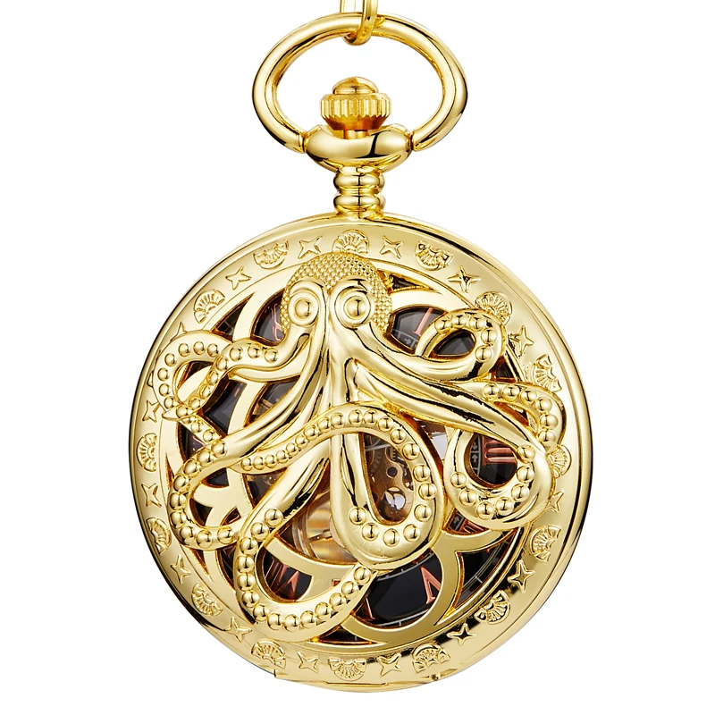 Octopus Brown Mechanical Pocket Watch Steampunk Skeleton Hand-Wind Flip Clock Fob Watch Chain Men Women Gift Collection Box