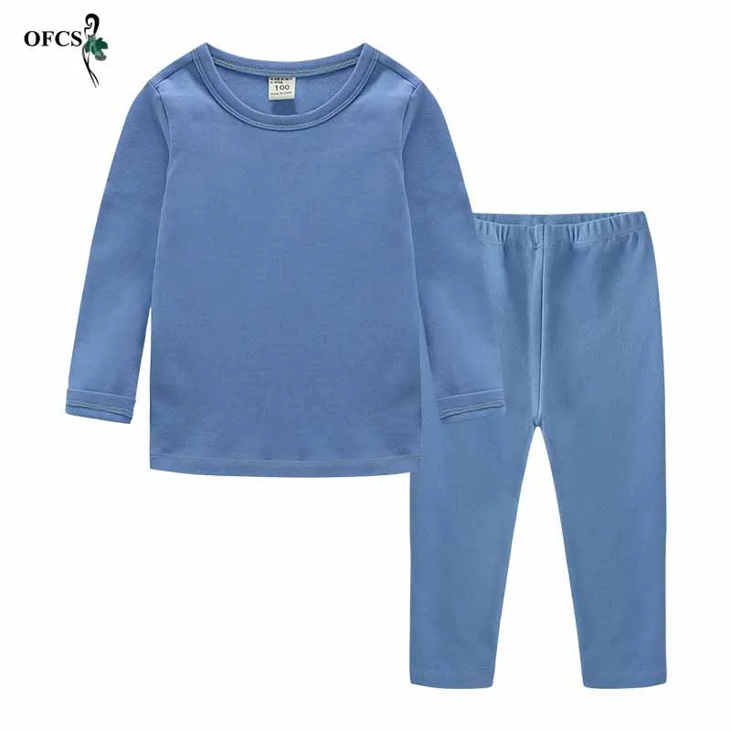 Autumn Children's Bottom Suit Boys Girls Clothes Long-sleeved T-shirt Cotton Set Candy Long-sleeved Trousers 2 Sets Nightwear - Цвет: Sky Blue