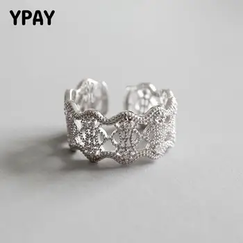 

YPAY Genuine 925 Sterling Silver Open Ring Women Retro Hollow Lace Zircon Adjustable Rings For Girl Bijoux Femme Jewelry YMR581