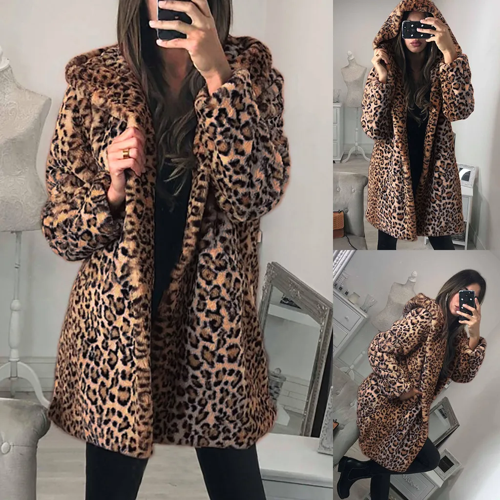 Chaqueta de piel de imitación con capucha de leopardo para mujer, ropa de abrigo cálida