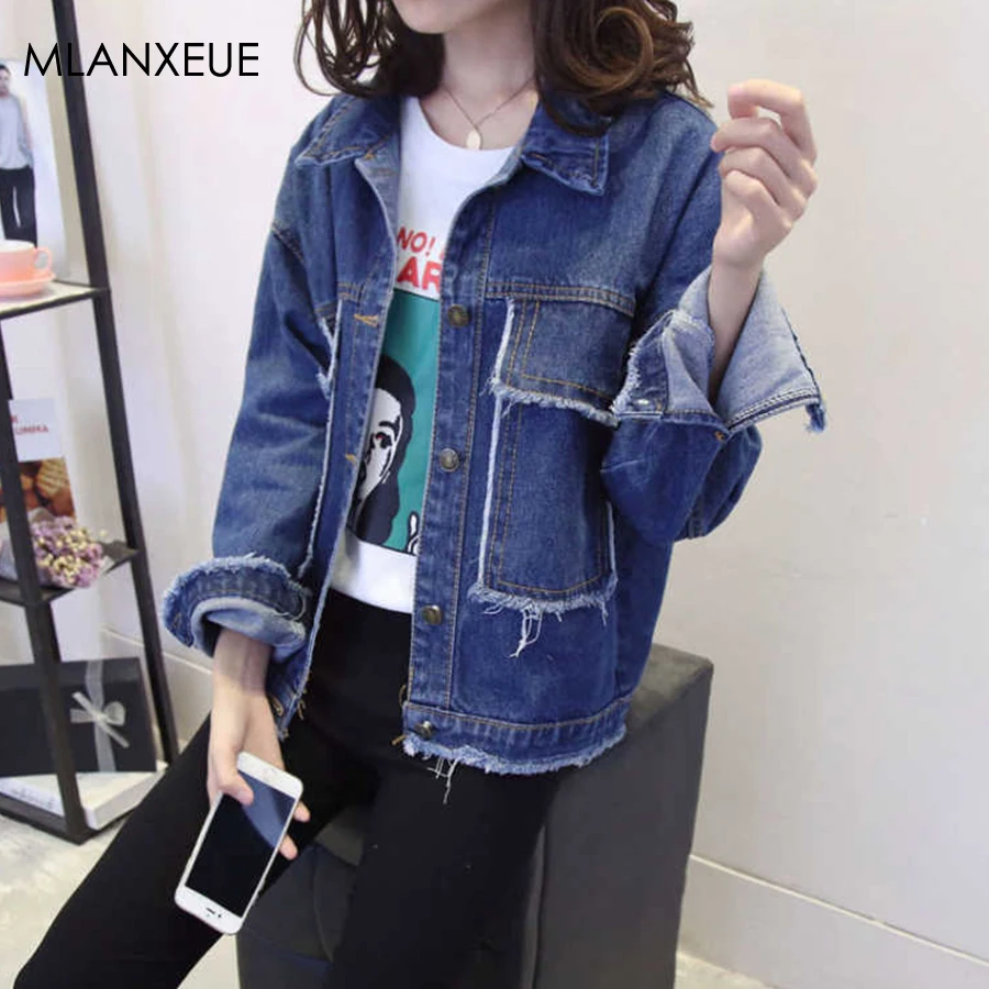 

Spring Autumn Solid Patchwork Denim Jackets Women Harajuku Loose Long Sleeves Jeans Coat Female Plus Size Fashion Denim Jackets