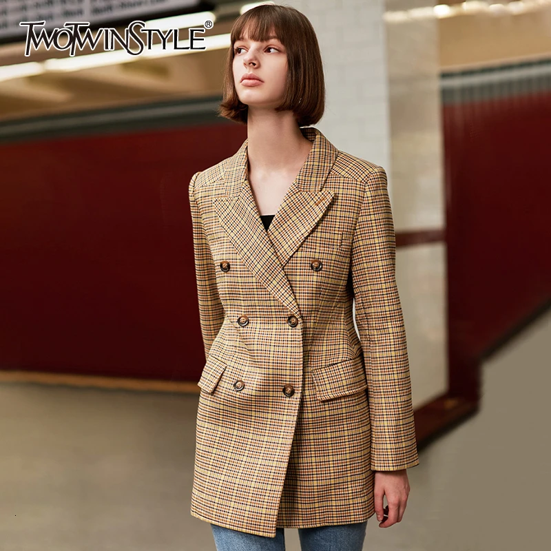 TWOTWINSTYLE, клетчатый хит, цветные женские блейзеры, зубчатый, длинный рукав, высокая талия, Осень-зима, костюмы для женщин,, модная одежда