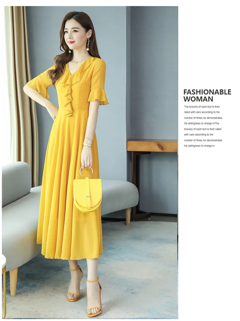 Vestido de Chiffon Moda com Decote em v Coreano Verão Nova Mangas Alargadas Magro Era Temperamento Fino Vestido Grande Balanço 2021 4 moda com decote em v mangas alargadas