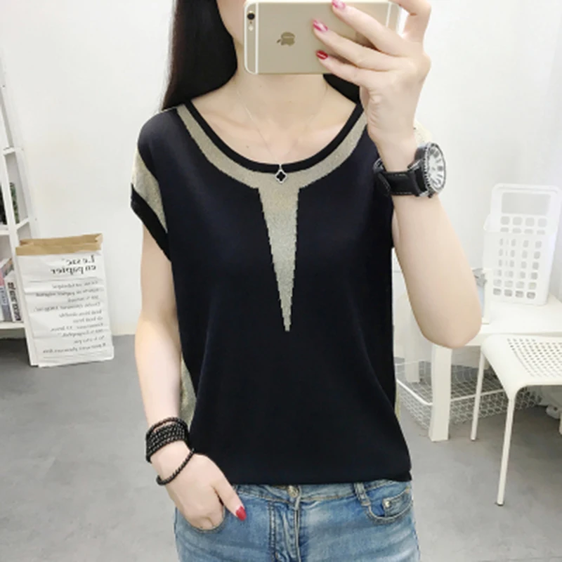 

shintimes Tee Shirt Femme 2020 Summer New Bright Silk Thin Knitted Patchwork Tshirt Women Loose Short Sleeve Casual Tees Shirt