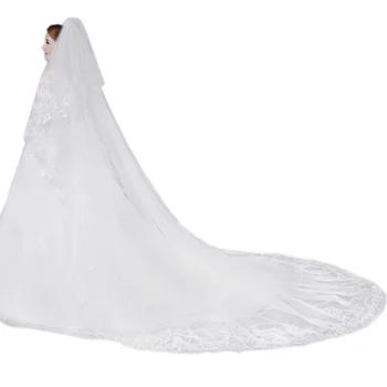 

4 Meter White Cathedral Wedding Veils Long Lace Edge Bridal Veil with Comb Wedding Accessories Bride Wedding Veil
