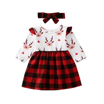 

0-24 Months Baby Girls Christmas Dress Newborn Xmas Dress For Girls Toddler Baby Girl Deer Clothes Plaid Xmas Dress Girls