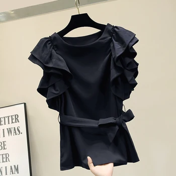 

Summer Blouse Woman Korean Style Elegant White Loose-Fit Lace-up Ruffle Chiffon Shirt Women's Blouses Blusa Feminina