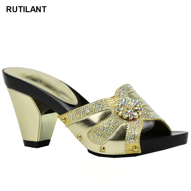 

New Gold Color African Women Wedding Shoes Woman Open Toe Ladies Pumps Women Shoes Party Wedding Shoes Decorated with Rhinestone
