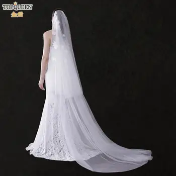 

TOPQUEEN V61 1 Tier Embroidery Flowers Pearls Beaded Wedding Veil Wedding Veil Flower Crown Tiara Veil for Wedding without Comb