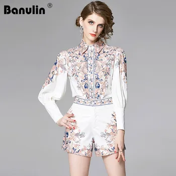 

Banulin 2020 New Spring Summer Runway Two Piece Set Women's Elegant Lantern Sleeve Flower Print Blouse + Shorts Suits Fashion
