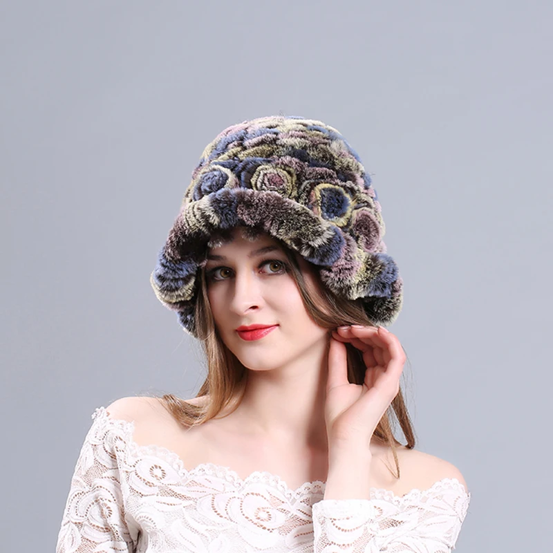 Winter Women Real Fur Hats Fashion Ski Hat Ear Warmer Elastic Rabbit hair Cap Thick