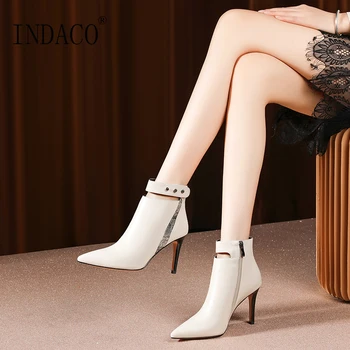 

Winter Boots Black Leather Ankle Boots for Women Zipper High Heel Winter Shoes Women 8.5cm