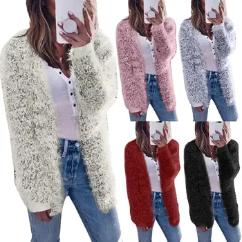 

Autumn Winter Coat Women Coats Jackets Solid Color Fluffy Long Sleeve Knit Coat Cardigan Open Front Cardigans Womens Short Coat