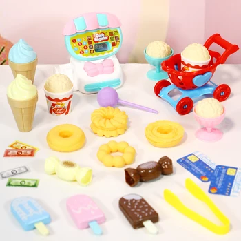 

Miniature Simulated Supermarket Cash Register Kits Toys Kids Checkout Counter Role Pretend Play Ice cream paradise Cashier Girl