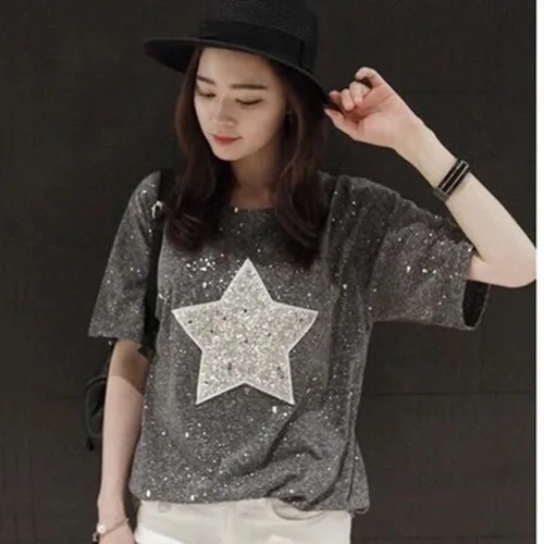 

Korean-style WOMEN'S Wear Plus-sized Five-pointed Star Pattern Short Sleeve Loose-Fit T-shirt 200 Sequin Base Shirt