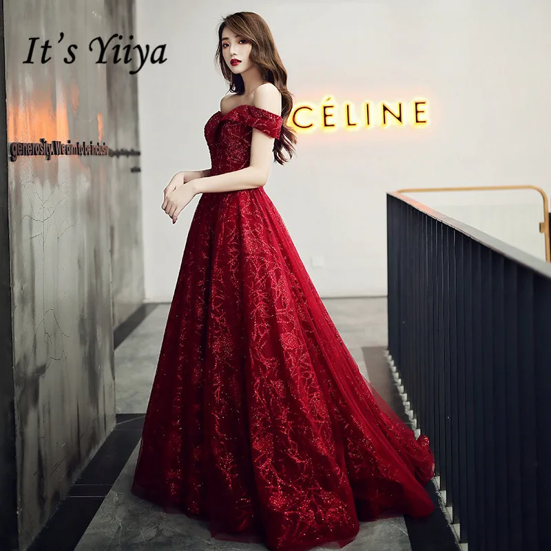 

It's Yiiya Evening Dresses Off Shoulder Burgundy Evening Dress Elegant Shining Long Formal Gowns Plus Size robe de soiree LF117