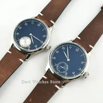 

New Corgeut Sterile 44mm Top Mens watches Silver Polished Stainless Steel Case Blue dial Hand Winding 6498 Male Wristwatch Gift