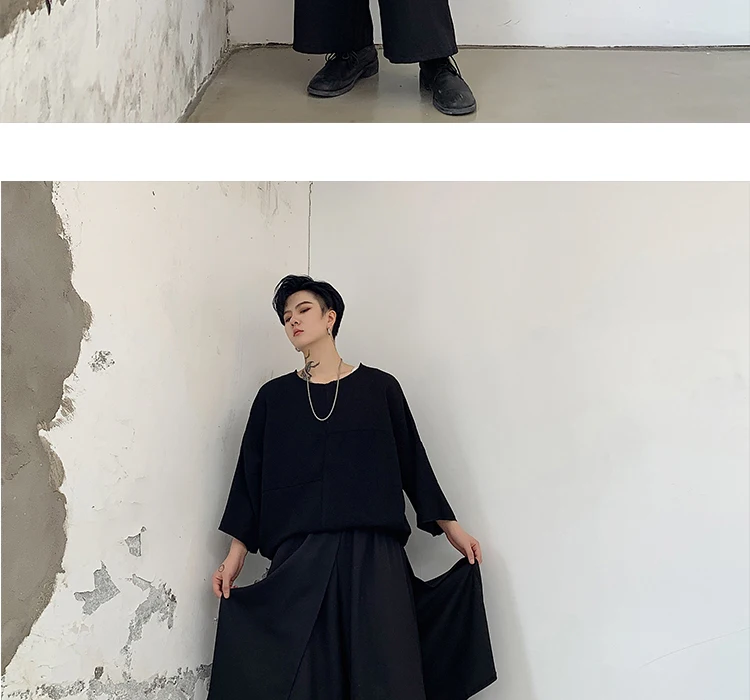 Для мужчин эластичный пояс сращивания Свободные повседневные широкие брюки юбка мужской Япония Кимоно уличная хип хоп панк готический шаровары