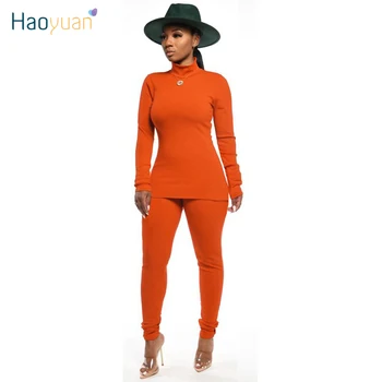 

HAOYUAN Two Piece Set Women 2020 Fall Winter Clothing Turtleneck Top and Pant Sweat Suit Sexy Club Outfits 2 Piece Matching Sets