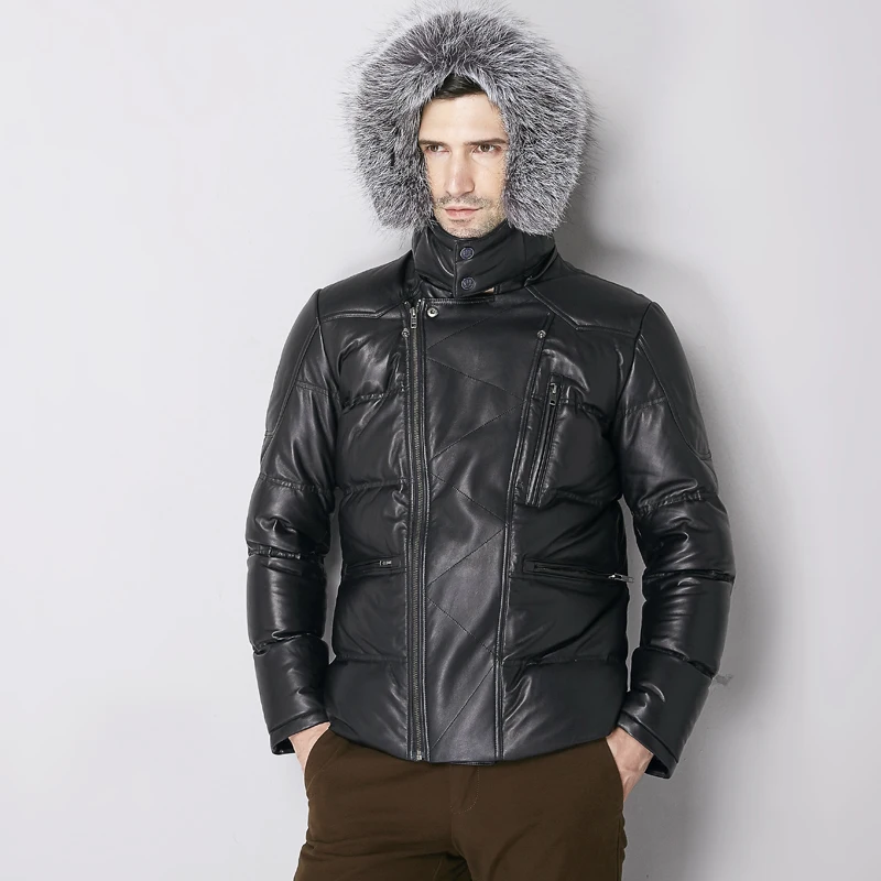 

2020 Geniune Jacket Men Sheepskin Leather Goose Down Coat with Real Silver Collar Warm Campera 16-H32# MF322